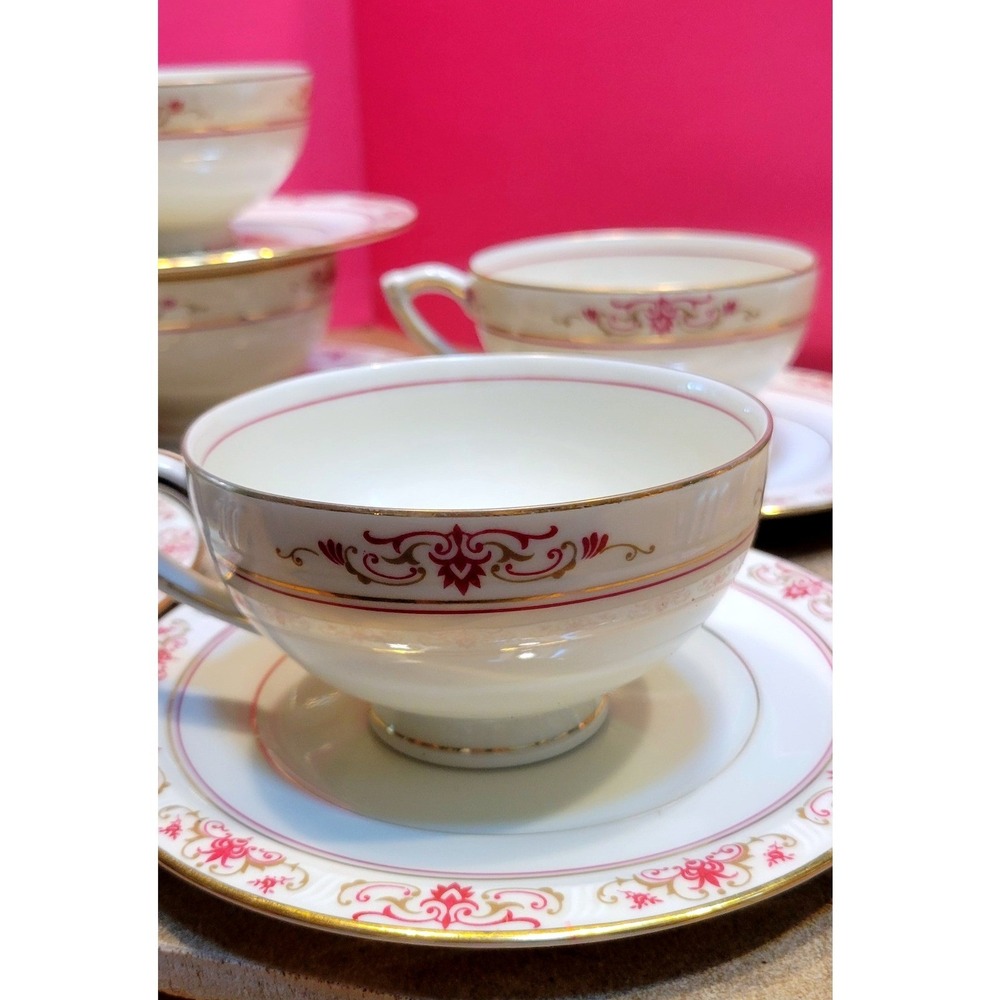 H&C Coronado Bohemia Garnet Tea Cup Saucer Set 7 Czechoslovakia Pink Gold Trim